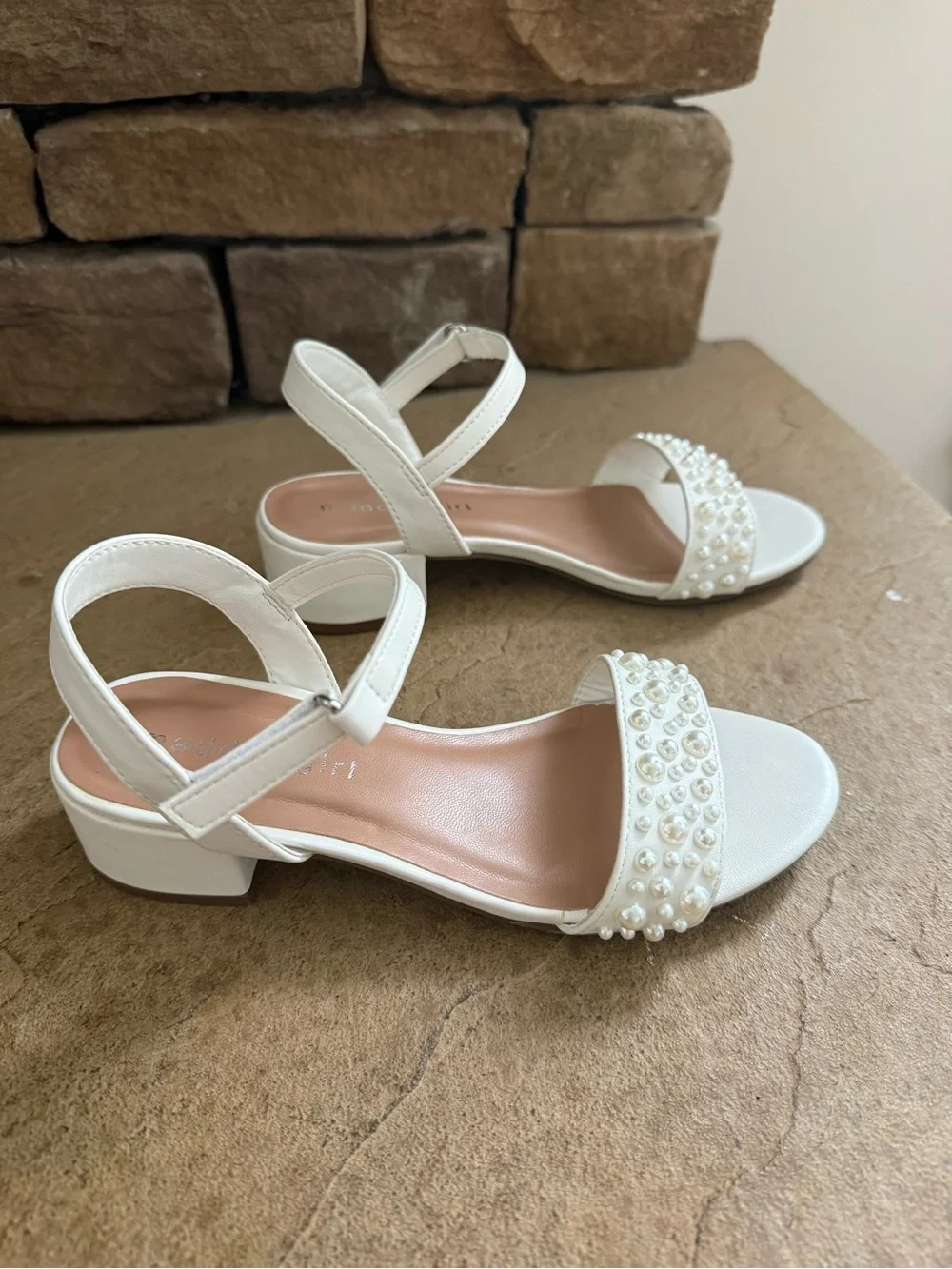 Madden Girl White Pearl Strap Block Heel Sandals